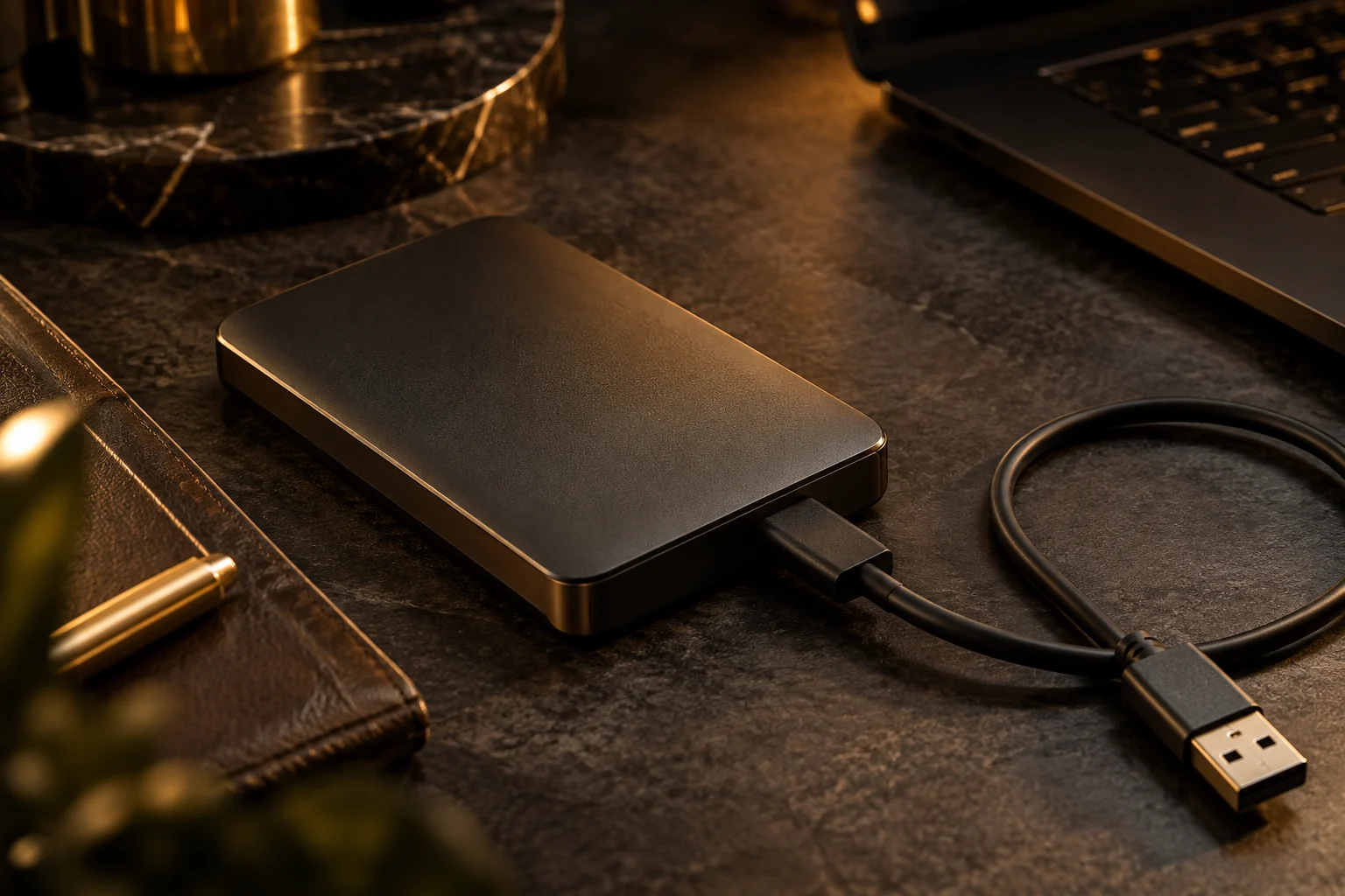 Externes Laufwerk mit USB-Kabel auf einem Schreibtisch