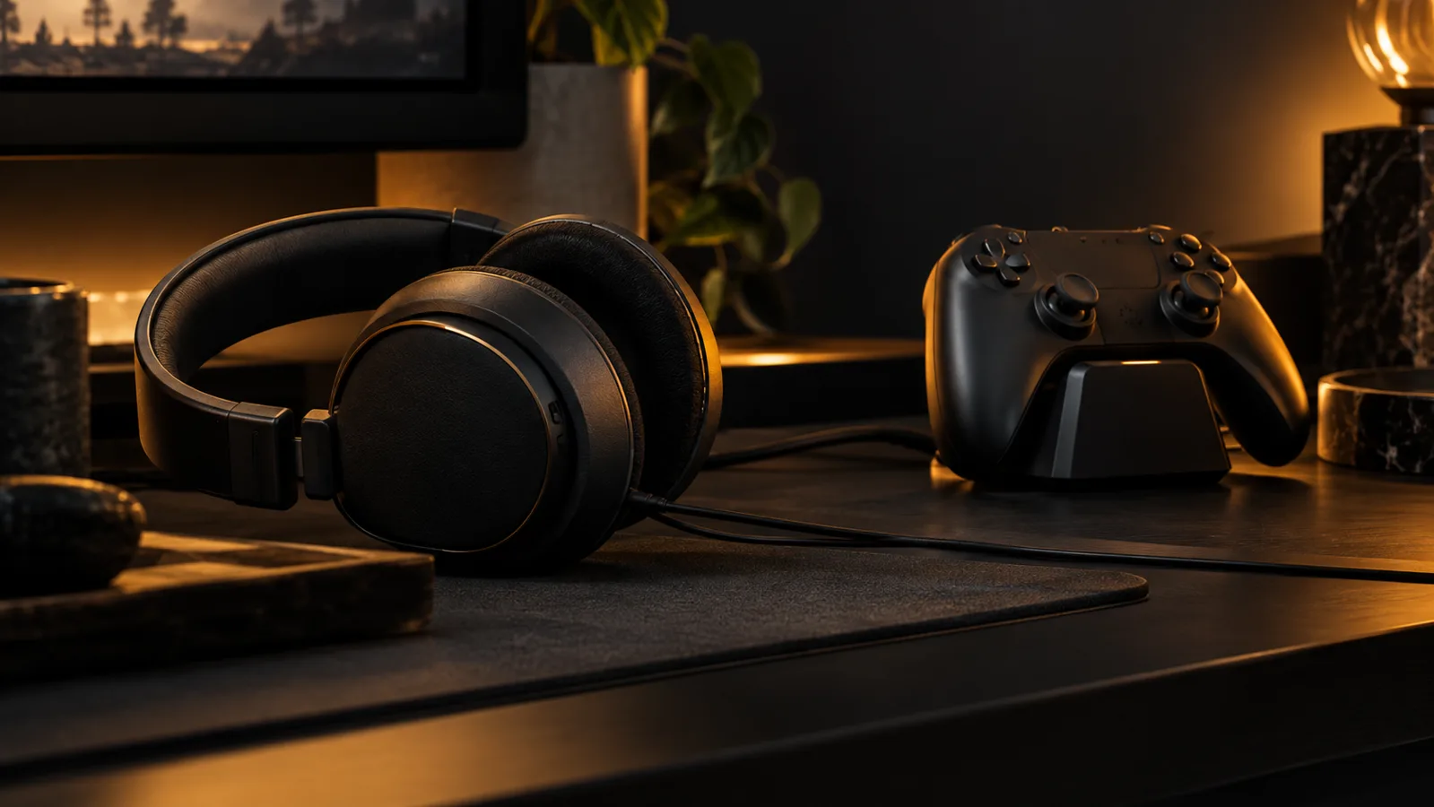 Kopfhörer und Controller an einem Gaming-Platz