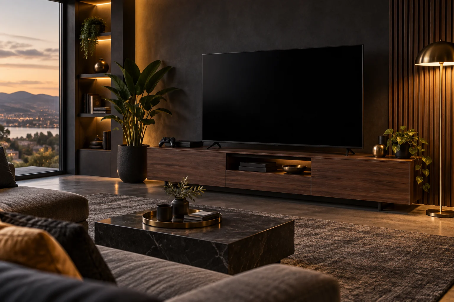 Wohnzimmer mit Fernseher, Sofa und Platz für eine Konsole