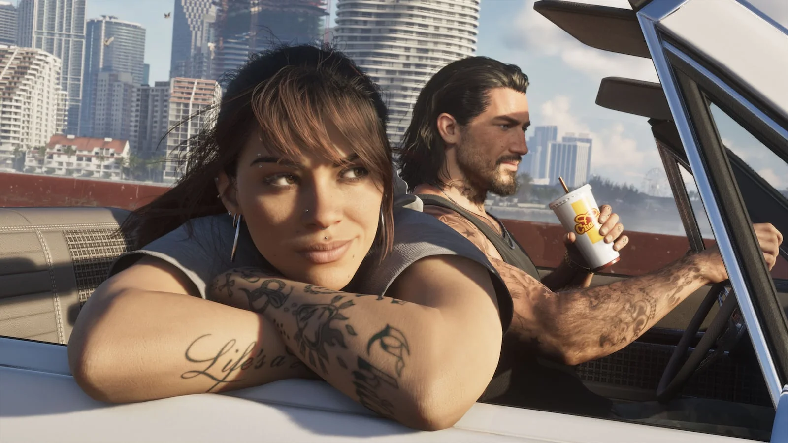 Lucia und Jason in einem Cabrio in Vice City