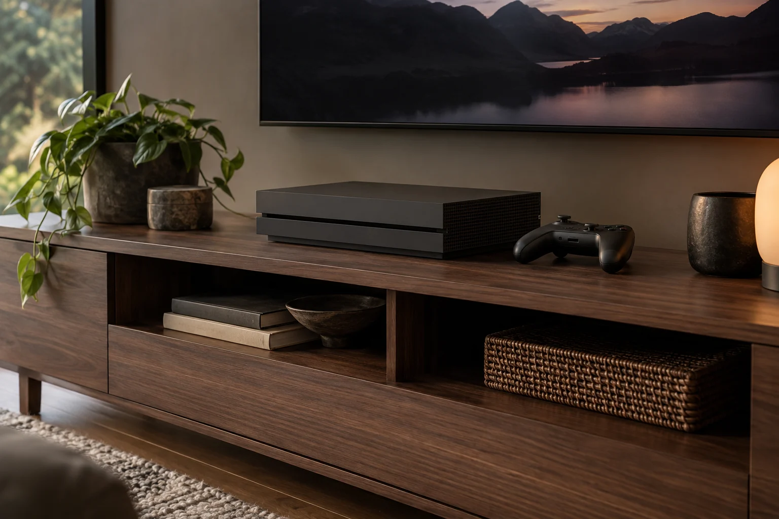 Konsole und Controller auf einem aufgeräumten Sideboard