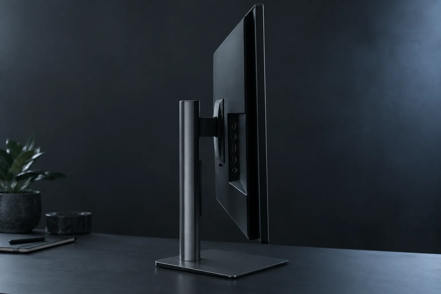 Monitor und höhenverstellbarer Standfuß von der Seite